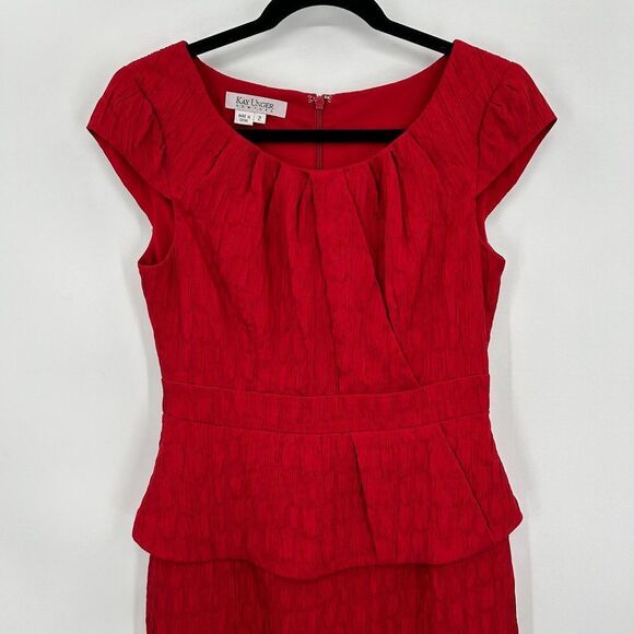 KAY UNGER Red Textured Peplum Knee Length Pleated Sheath Dress Size 2 - Picture 3 of 7